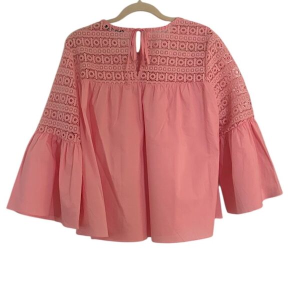 Anthropologie Endless Rose Pink Lace Poplin Bell Sleeve Blouse Large TJ027T - Picture 7 of 14